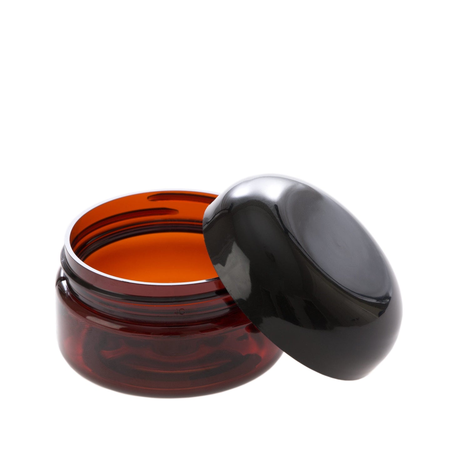 2 oz Amber Shallow Jar with 58-400 Black Dome Cap