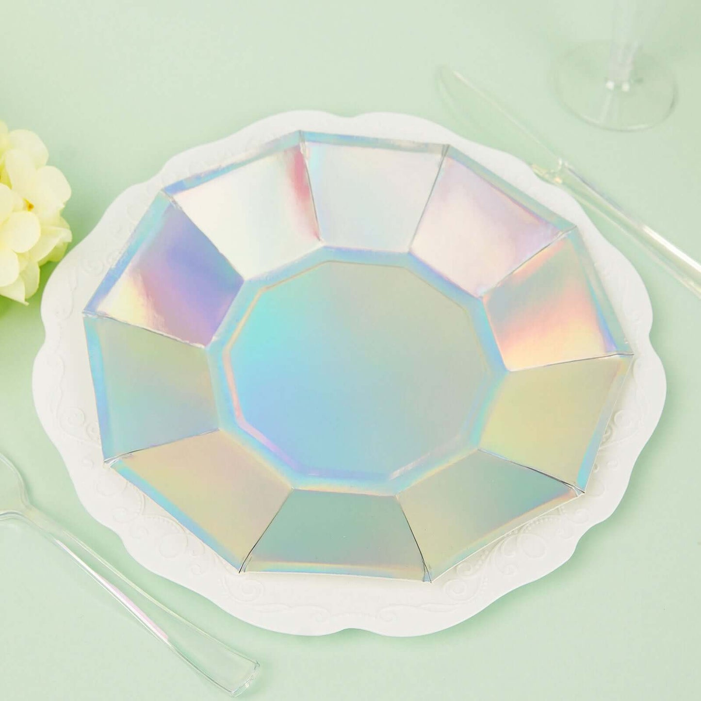 25 Pack Iridescent Geometric Dessert Salad Paper Plates, Disposable Plates with Decagon Rim 7.5"