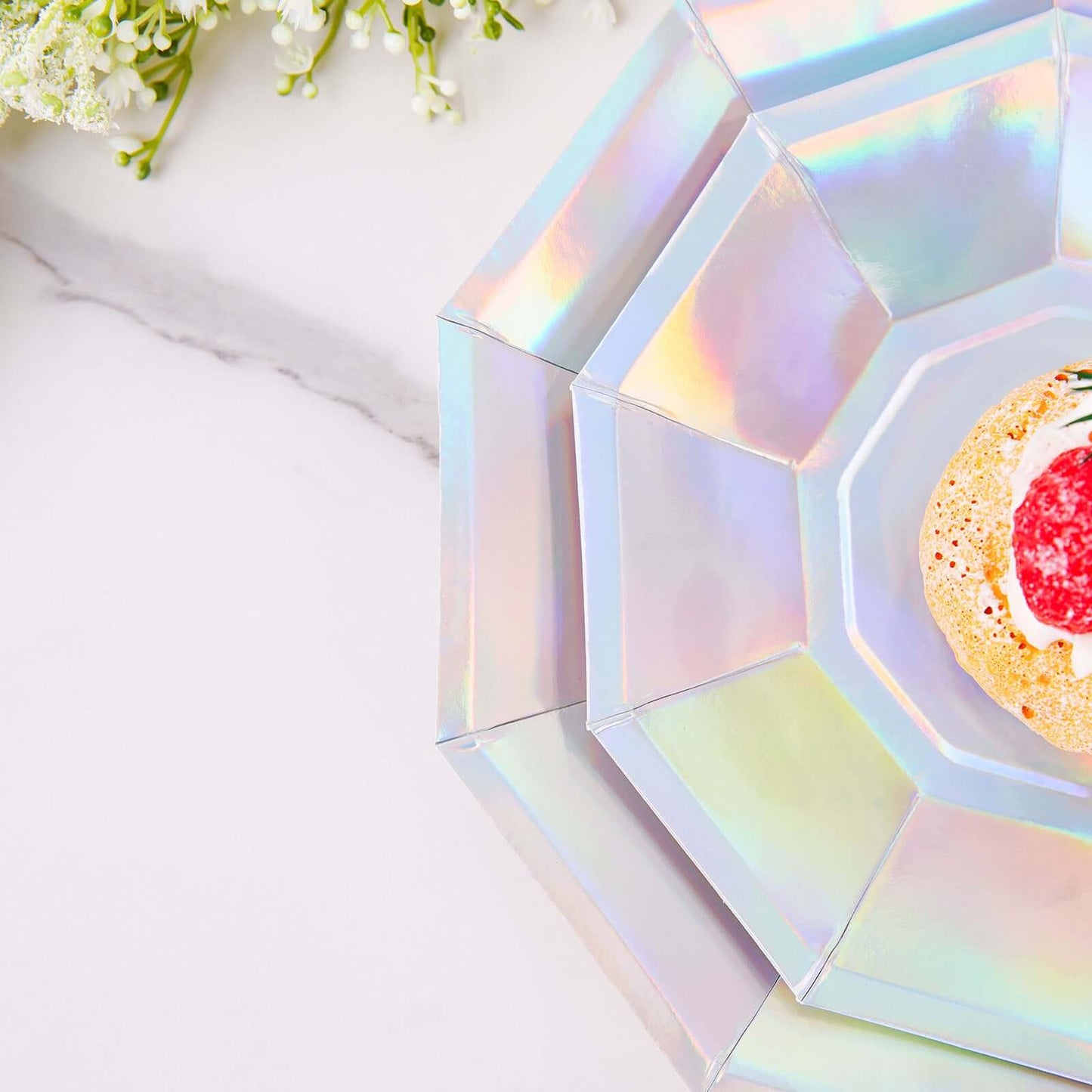 25 Pack Iridescent Geometric Dessert Salad Paper Plates, Disposable Plates with Decagon Rim 7.5"