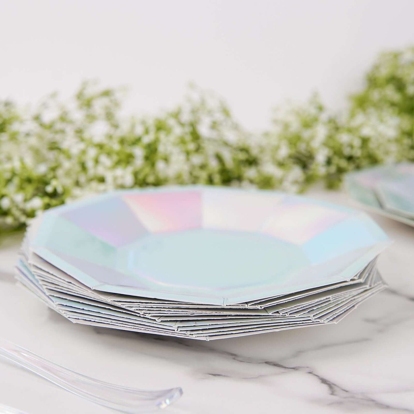 25 Pack Iridescent Geometric Dessert Salad Paper Plates, Disposable Plates with Decagon Rim 7.5"