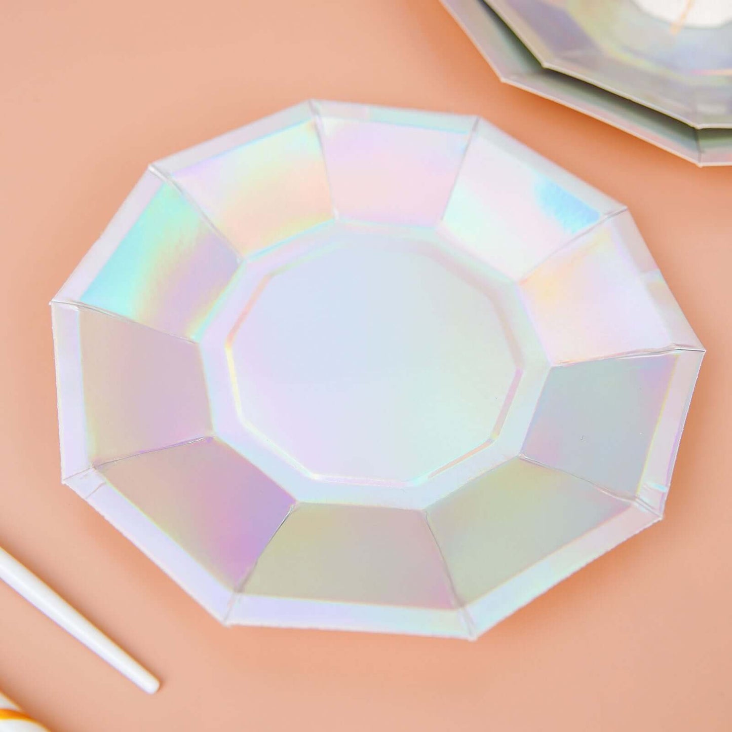 25 Pack Iridescent Geometric Dessert Salad Paper Plates, Disposable Plates with Decagon Rim 7.5"