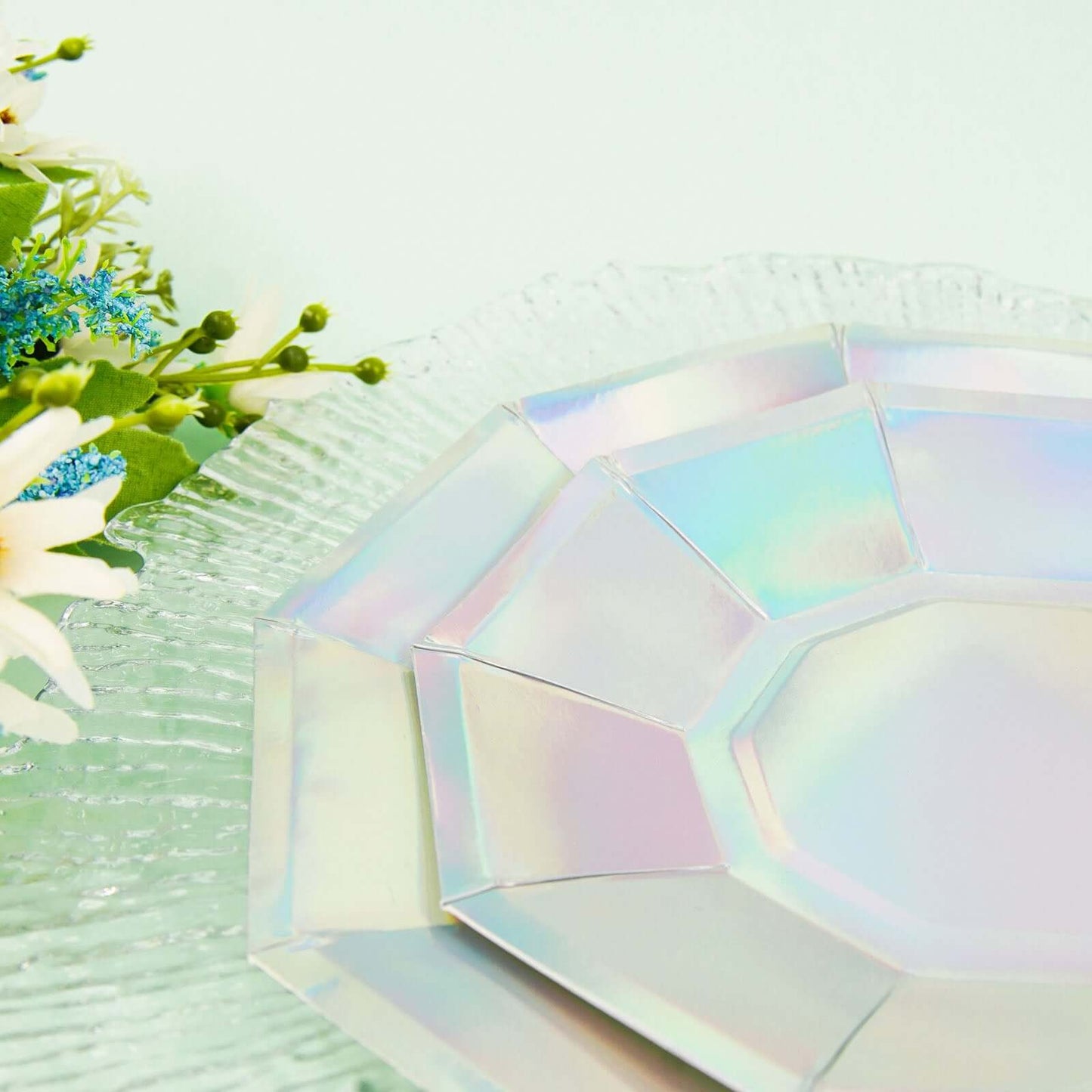 25 Pack Iridescent Geometric Dessert Salad Paper Plates, Disposable Plates with Decagon Rim 7.5"