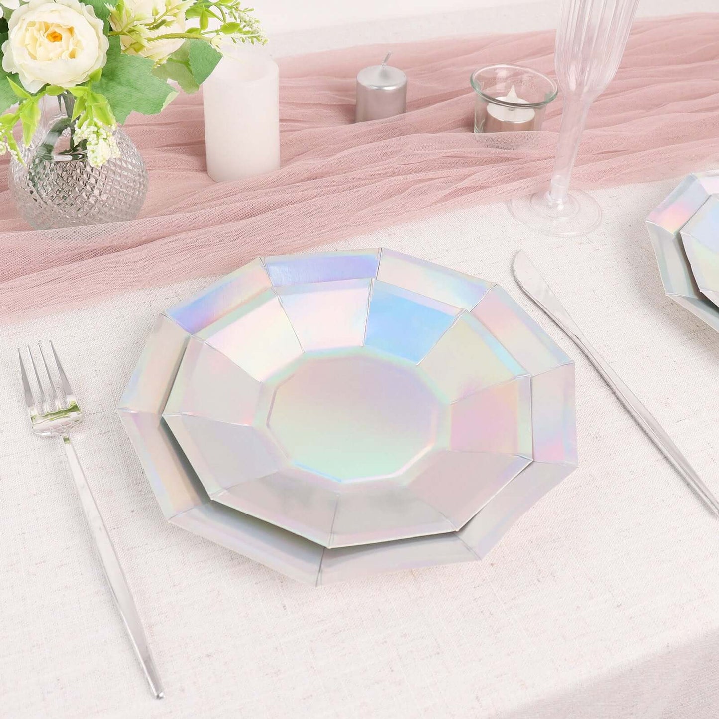 25 Pack Iridescent Geometric Dessert Salad Paper Plates, Disposable Plates with Decagon Rim 7.5"