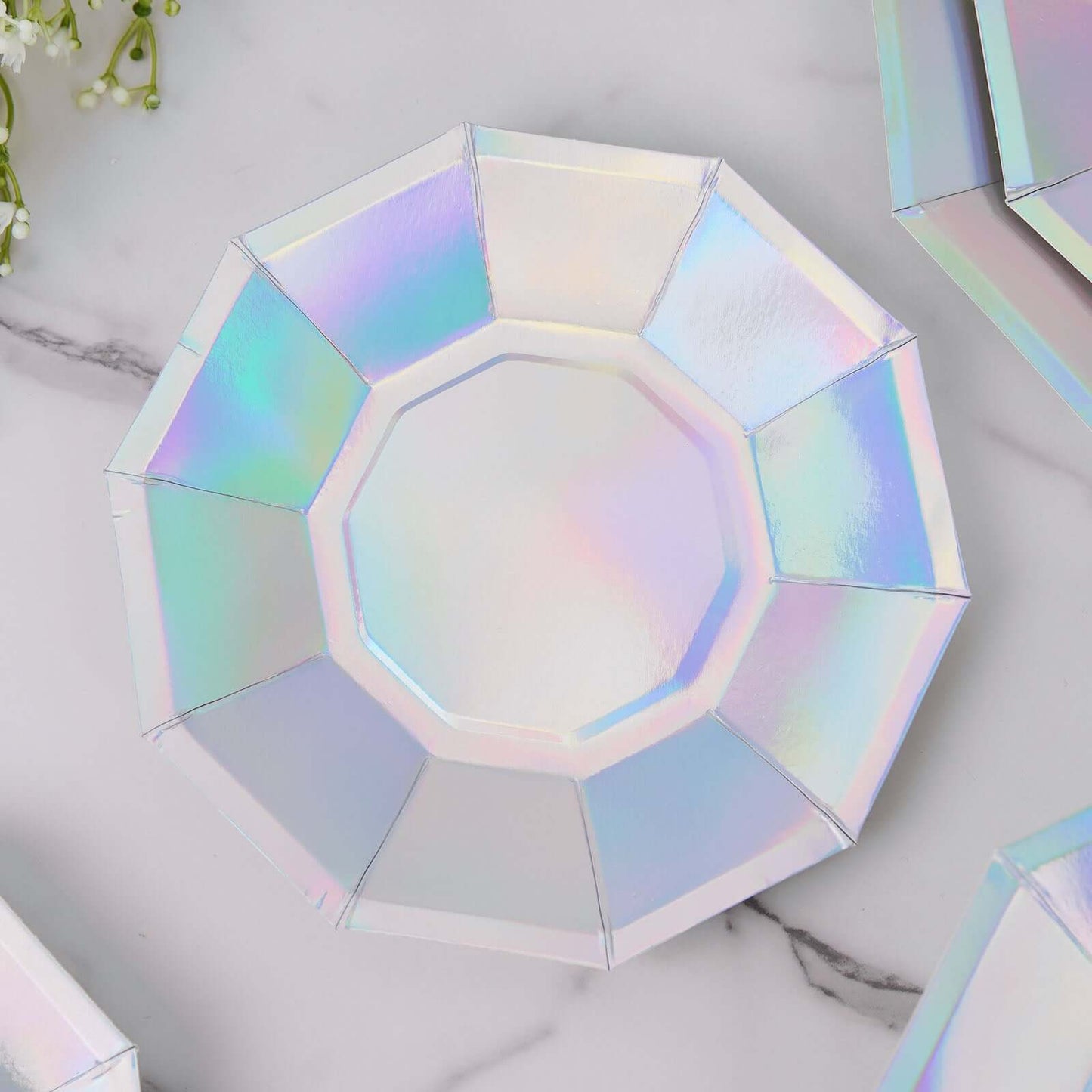 25 Pack Iridescent Geometric Dessert Salad Paper Plates, Disposable Plates with Decagon Rim 7.5"