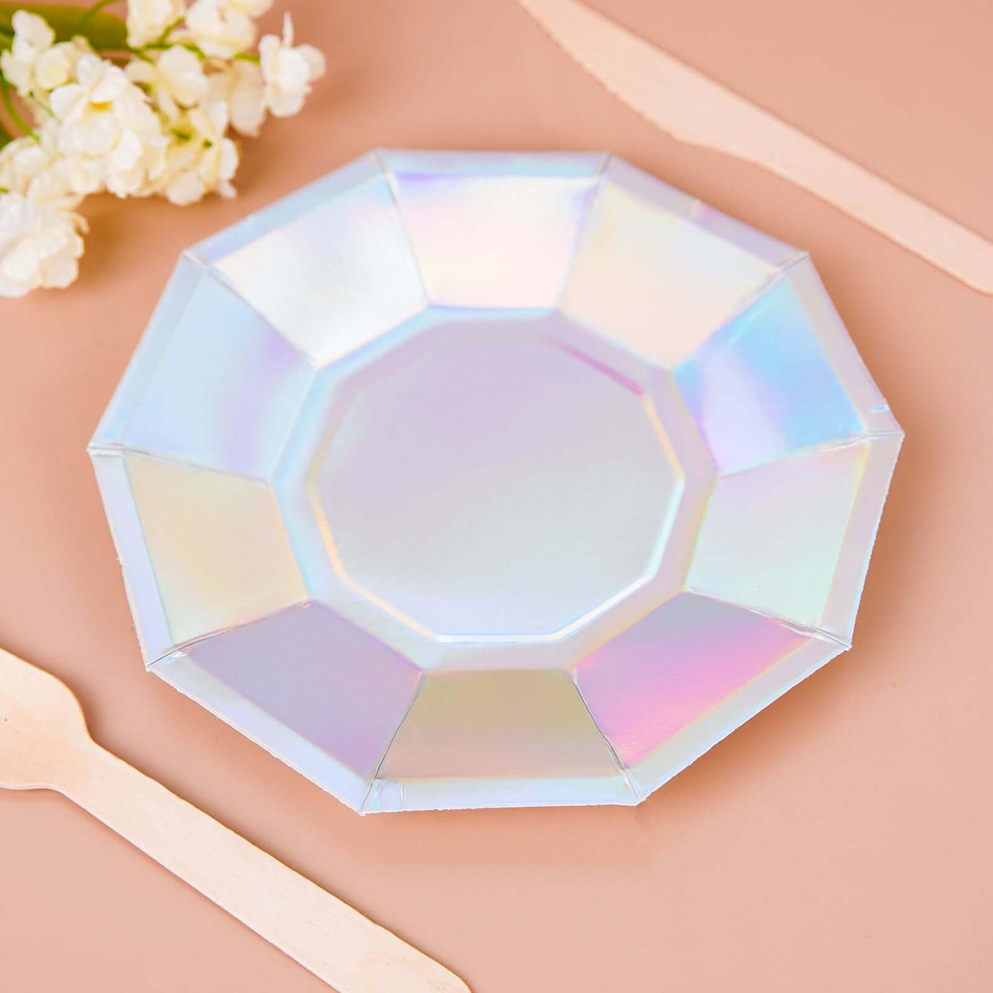 25 Pack Iridescent Geometric Dessert Salad Paper Plates, Disposable Plates with Decagon Rim 7.5"