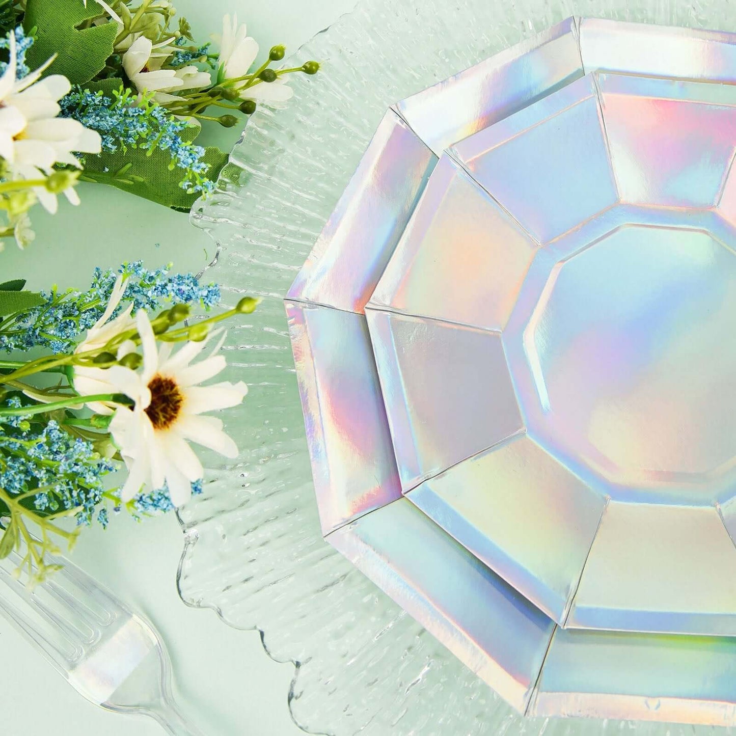 25 Pack Iridescent Geometric Dessert Salad Paper Plates, Disposable Plates with Decagon Rim 7.5"