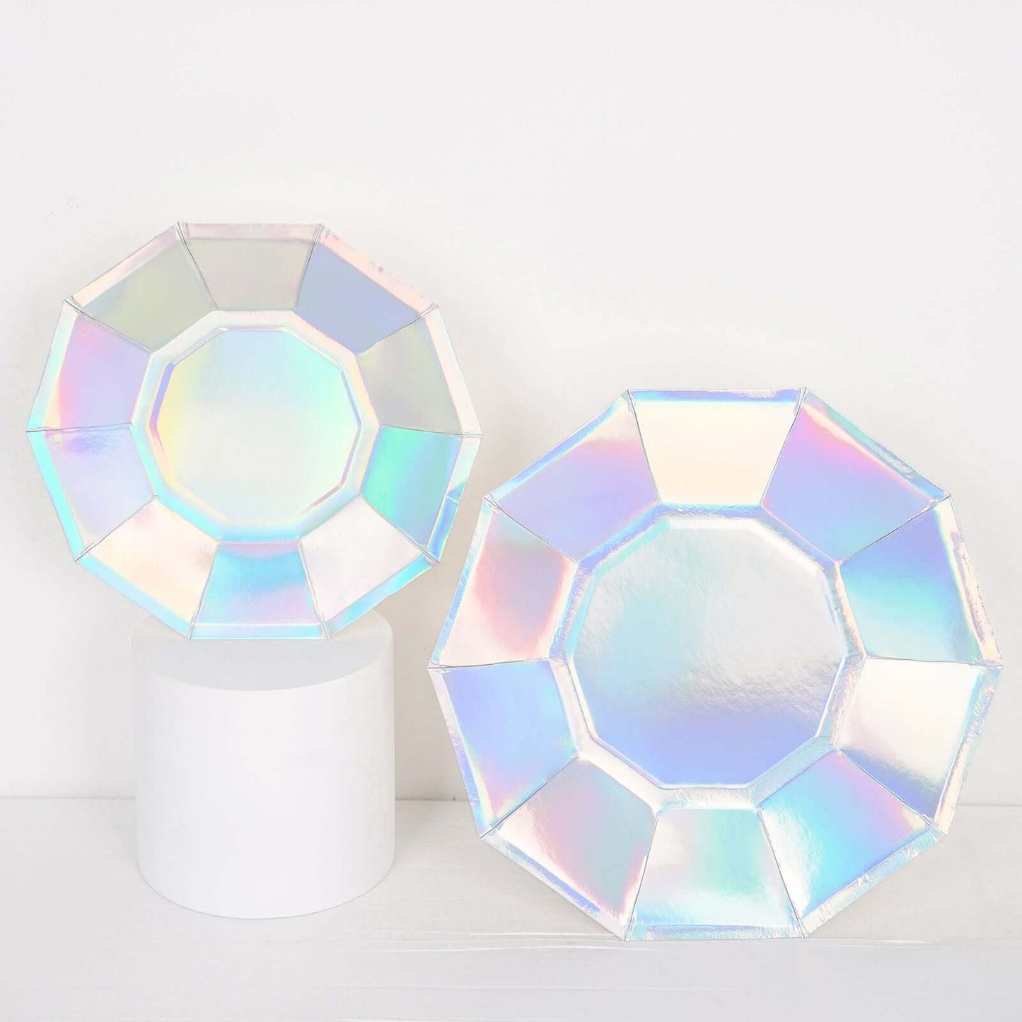 25 Pack Iridescent Geometric Dessert Salad Paper Plates, Disposable Plates with Decagon Rim 7.5"