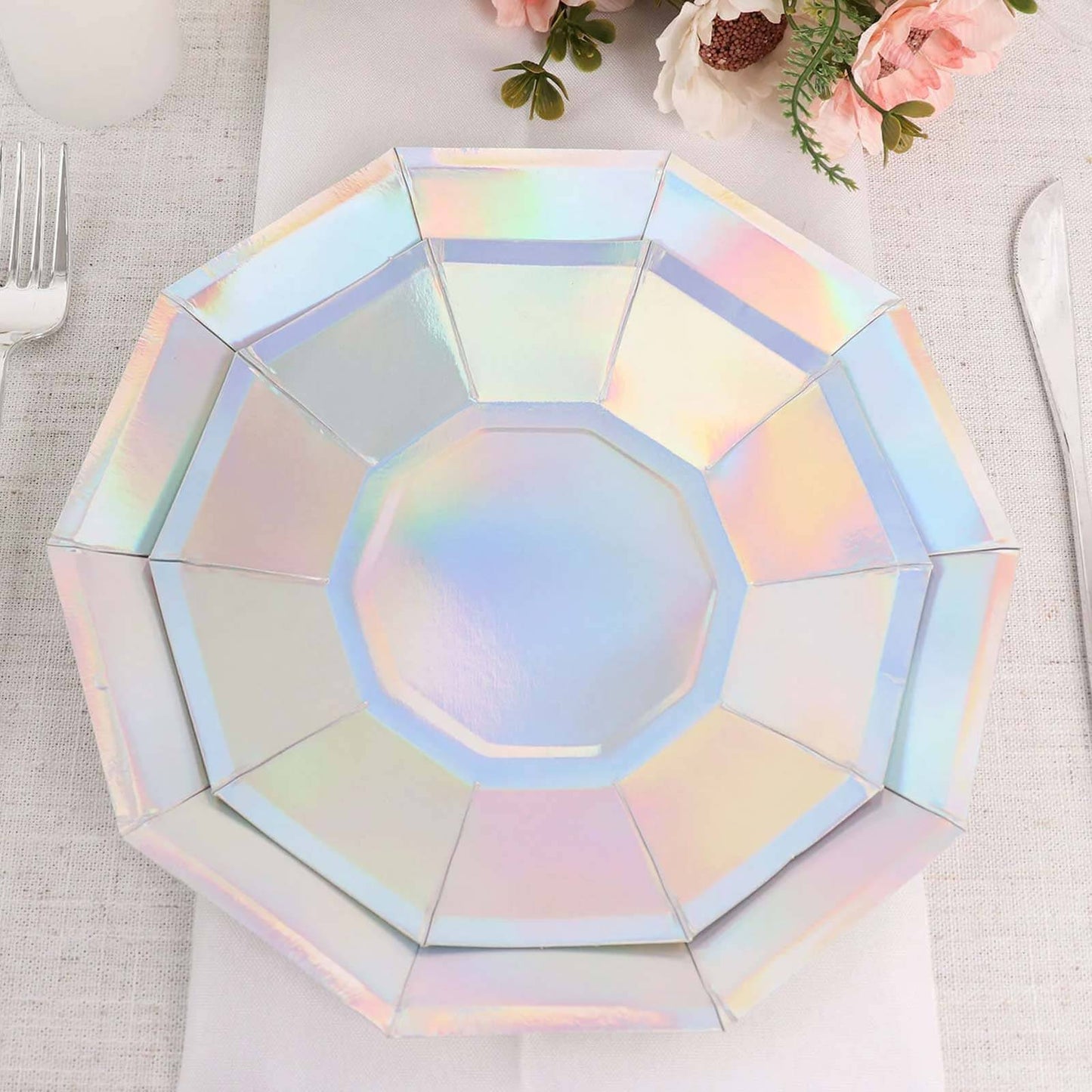 25 Pack Iridescent Geometric Dessert Salad Paper Plates, Disposable Plates with Decagon Rim 7.5"