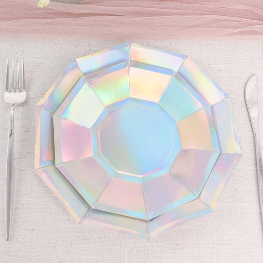 25 Pack Iridescent Geometric Dessert Salad Paper Plates, Disposable Plates with Decagon Rim 7.5"