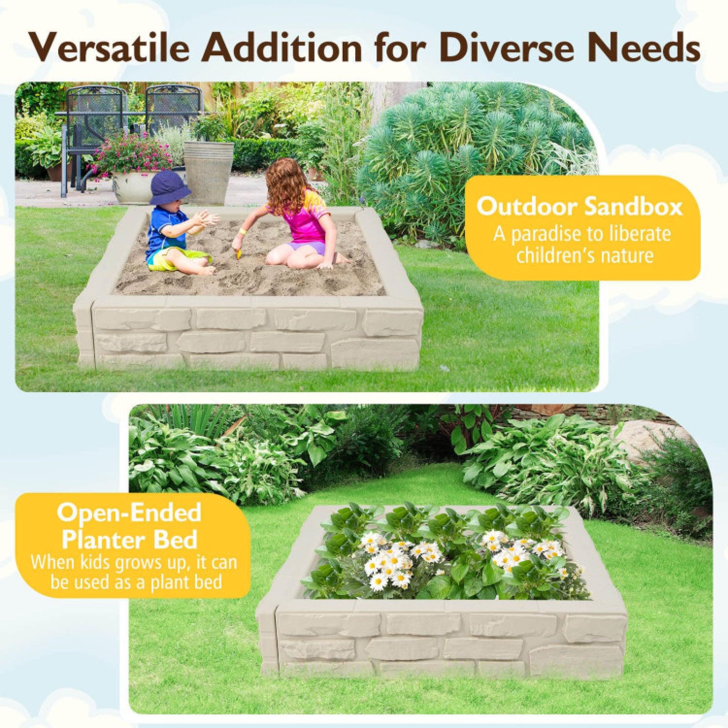 2-In-1 HDPE Kids Sandbox with Cover and Bottom Liner-White